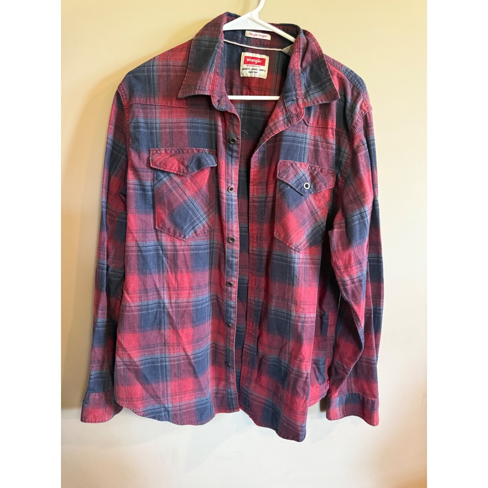 Wrangler Men's Red Blue Plaid Long Sleeve‎ Flannel Shirt Flex Comfort Size L